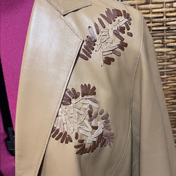 EUC Anne Klein Tan Leather brown leather Embroidery Blazer Jacket L - Picture 5 of 8